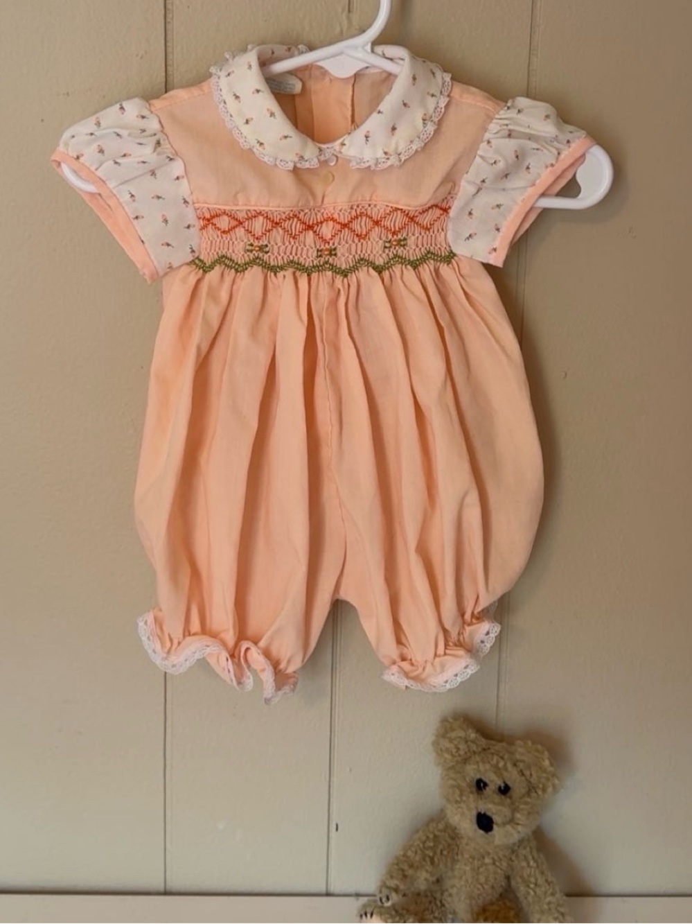 Vintage cradle togs baby girl Smocked Bubble Romper Peach Pink Floral newborn